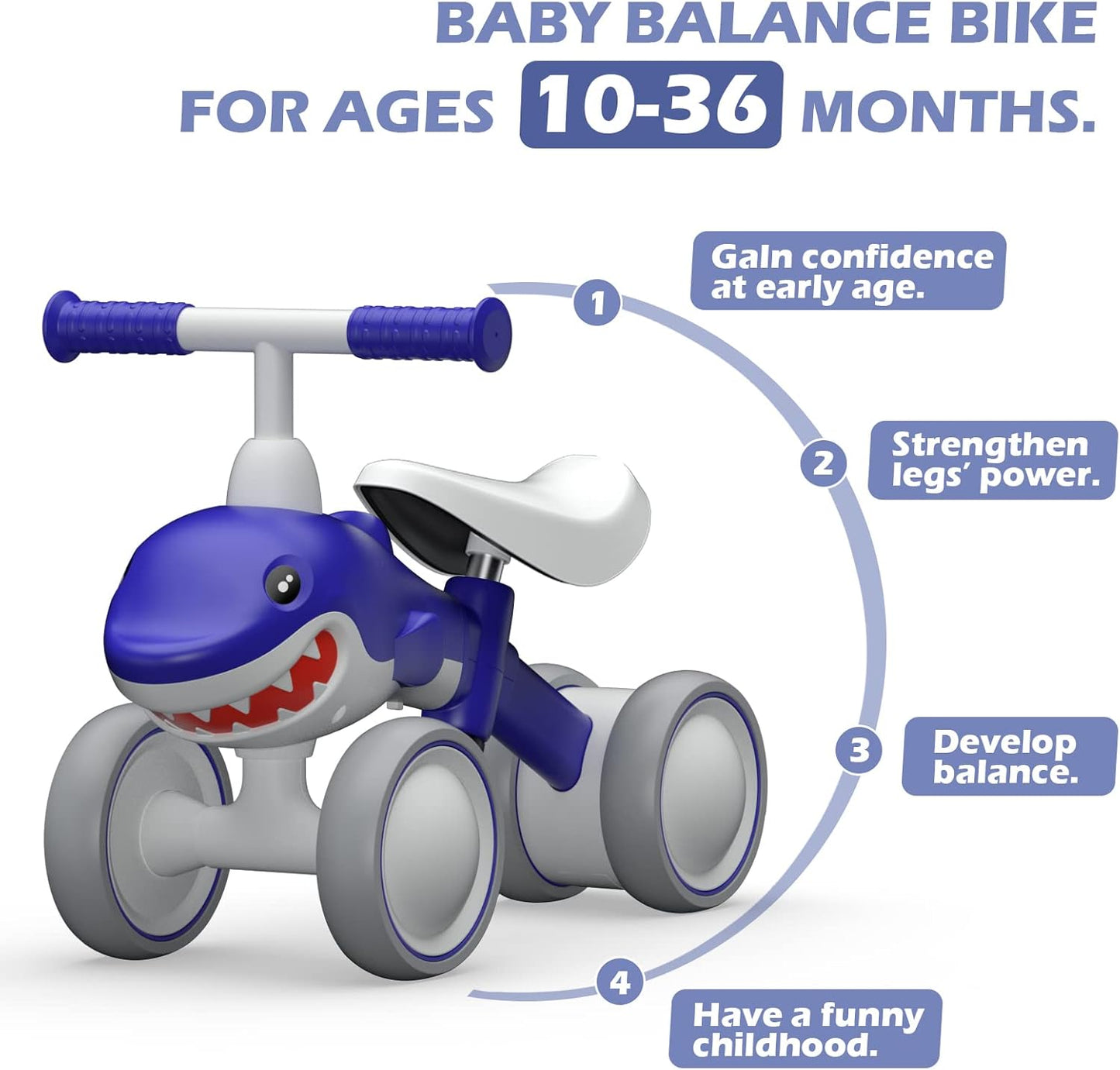 Baby Balance Bikes Seat Adjustable Toddler Riding Toy for 1 + Year Old Boys Girls, 12-48 Months Baby's First Bike First Birthday Blue Shark