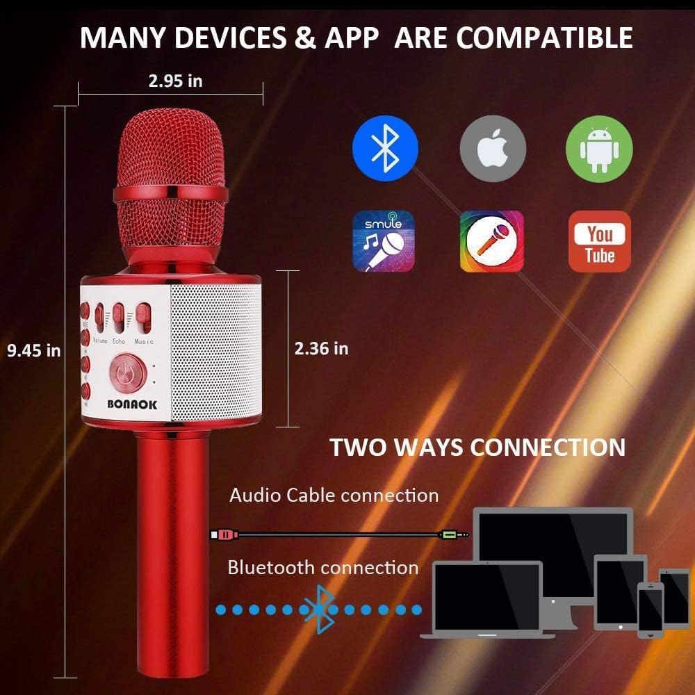BONAOK Wireless Bluetooth Karaoke Microphone,3-in-1 Portable Handheld Mic Speaker Machine Birthday Home Party for PC or All Smartphone(Q37 Red)
