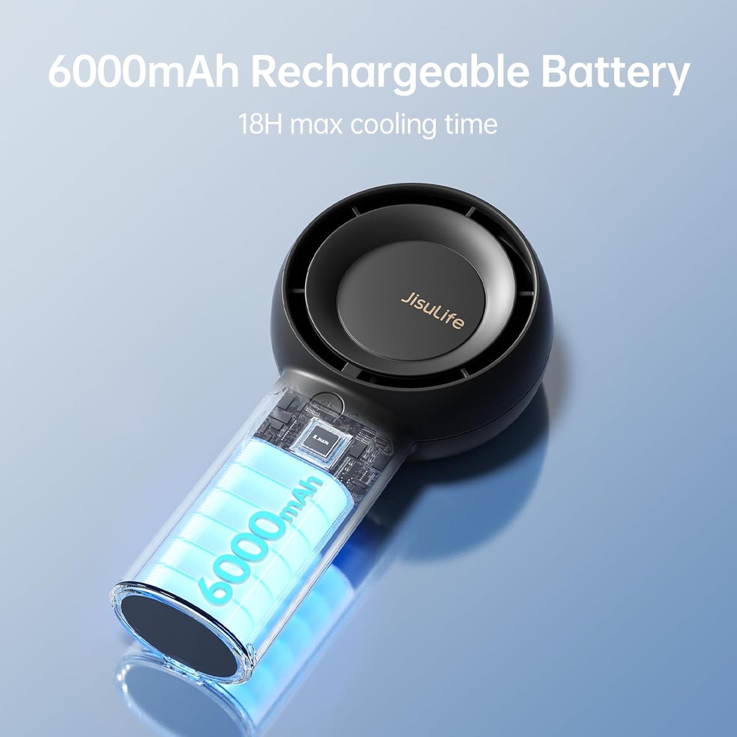 JISULIFE Portable Handheld Turbo Fan [18H Max Cooling Time], 6000mAh USB Rechargeable Personal Battery Operated Lash Small Pocket Fan with 5 Speeds for Travel/Outdoor/Vacation/Concerts- Black