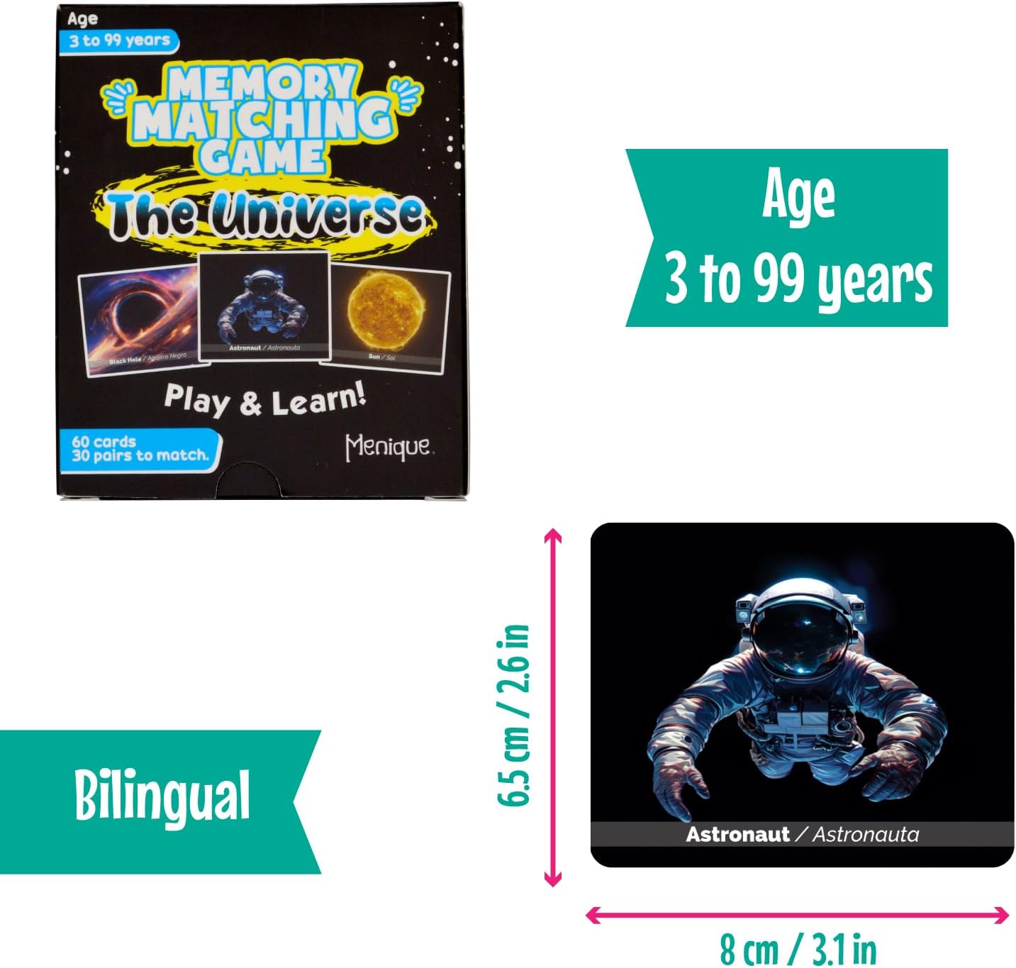 Menique Universe Memory Matching Game – 60 Cards (30 Pairs) – Bilingual Space Game with Planets, Stars & More – Educational for Kids and Adults