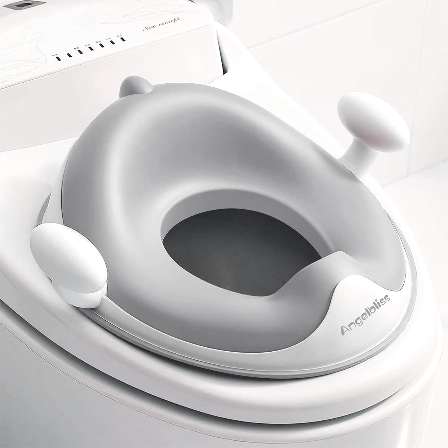 ANGELBLISS Baby Potty Training Toilet Seat with Soft Cushion Handles, Haute Collection, Double Anti-Slip Design and Splash Guard for Boys and Girls (Grey)