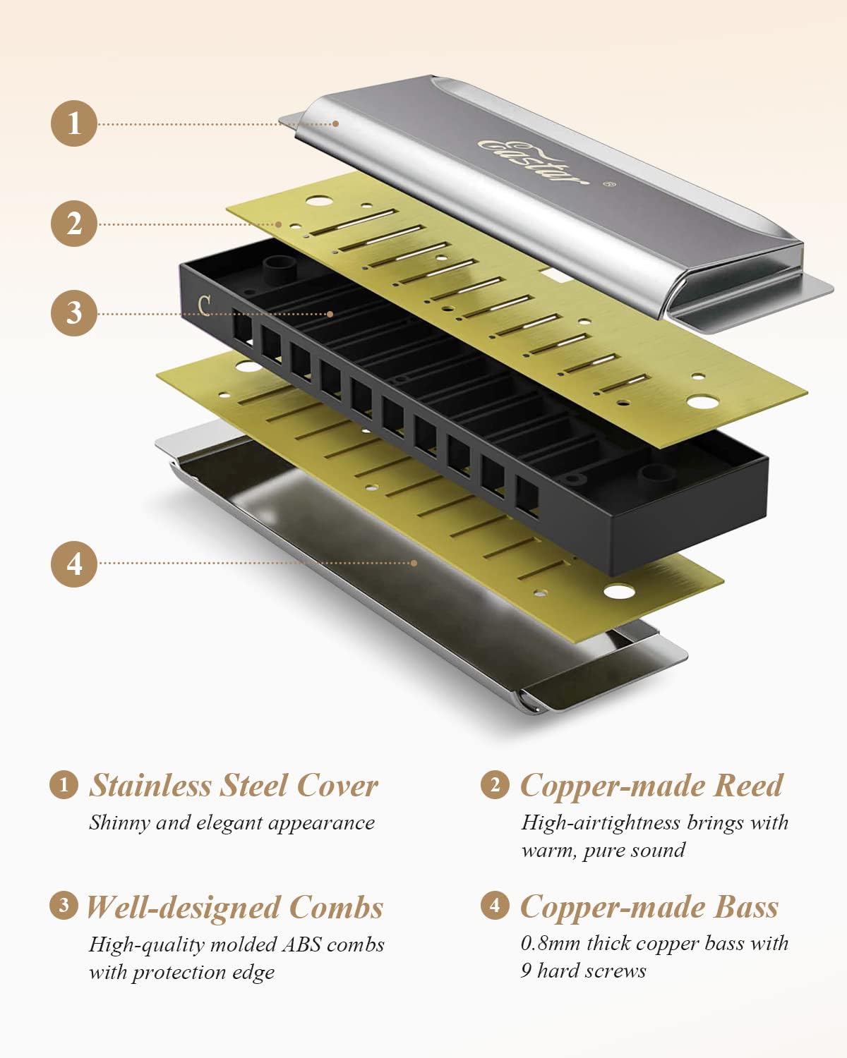 Eastar Major Blues Harmonica, 10 Holes C Key Beginner for Kids Children Adults Students, with Hard Case and Cloth, Black
