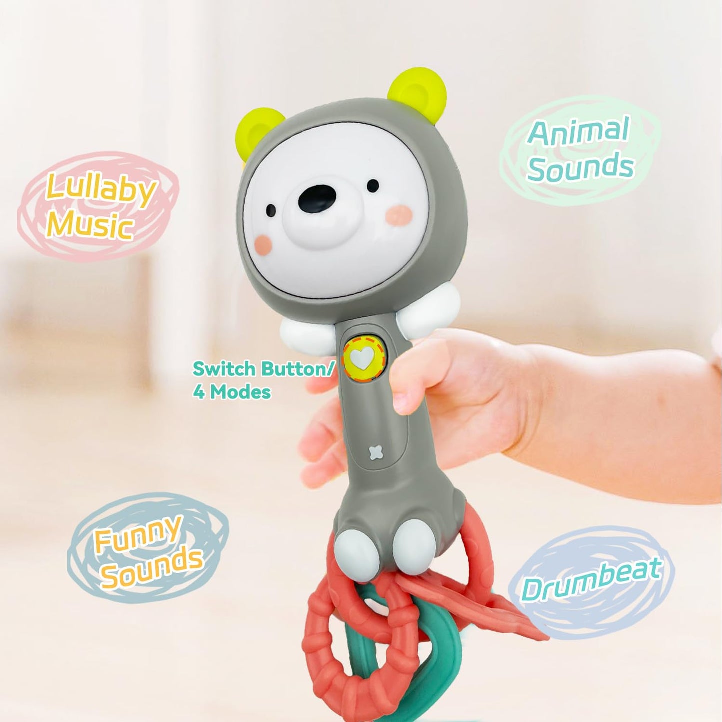 Baby Music Rattle, Teething Toys for Infants 6-12-18 Months Toddlers, Light-Up & Chew Sensory Toys for Baby Boy Girl Gifts (Grizzlies)