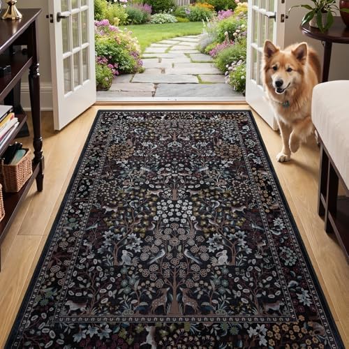 Midnight Blue 3x5 Entryway Rugs, Vintage Boho Floral Animal Print Throw Rugs by Jainmy