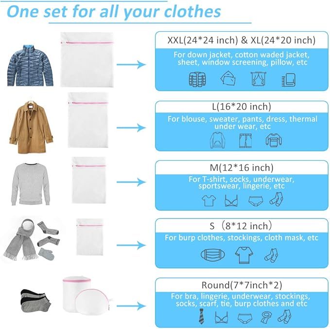 GOGOODA 7Pcs Mesh Laundry Bags for Delicates with Premium Zipper, Travel Storage Organize Bag, Clothing Washing Bags for Laundry, Blouse, Bra, Hosiery, Stocking, Underwear, Lingerie