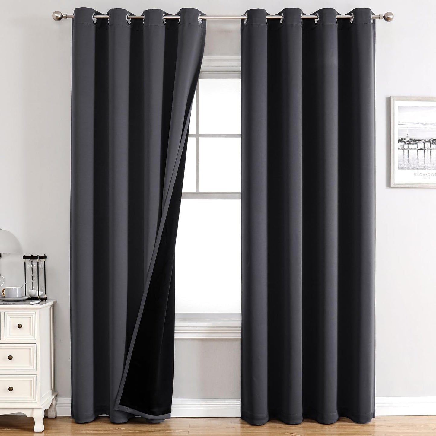 ChrisDowa 100% Blackout Curtains 120 inch Long for Bedroom with Black Liner, 2 Thick Layers Total Blackout Thermal Insulated Grommet Long Window Curtains 2 Panels Set (Dark Grey, 52 x 120 Inch)