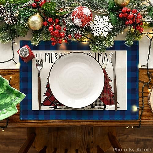 Artoid Mode Blue Waterclor Buffalo Plaid Christmas Trees Placemats Set of 6 - Image 2