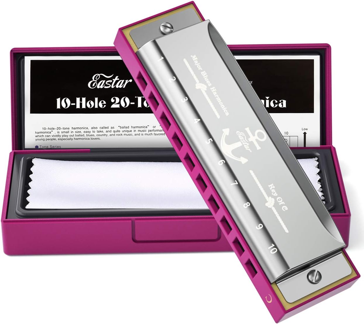 Eastar Major Blues Diatonic Harmonica, 10 Holes C Key Beginner for Kids Children Adults Students, with Hard Case and Cloth, Pink