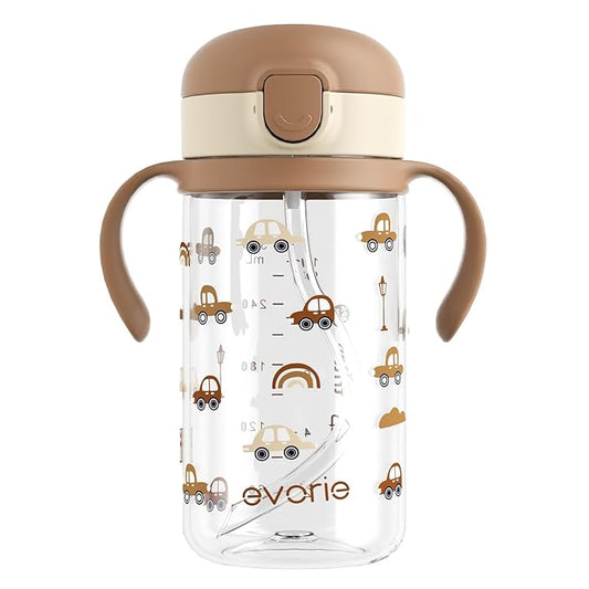 Evorie Tritan Spill Proof Toddler Straw Sippy Cup, 10 oz for Baby and Toddlers 1-3 Years Old, No Spill Straw Water Bottle with Removable Handles, Ideal for School, BPA-Free, Choco Car (NEW)