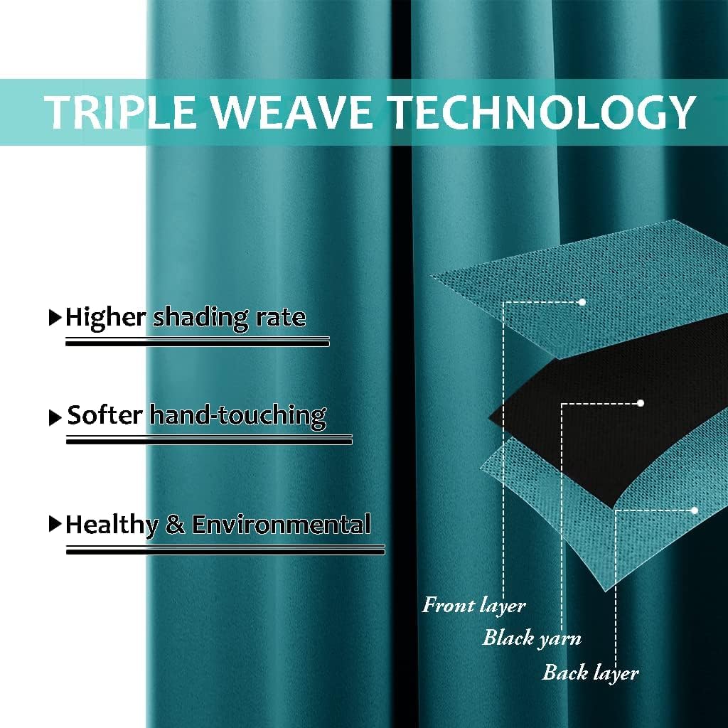 NICETOWN 100% Blackout Short Curtains with Black Liners, 2 Panels, 37" W by 50" L, Peacock Teal, Solid Thermal Insulated Full Blackout 2-Layer Lined Drapes, Energy Efficiency Window Drapes for Bedroom