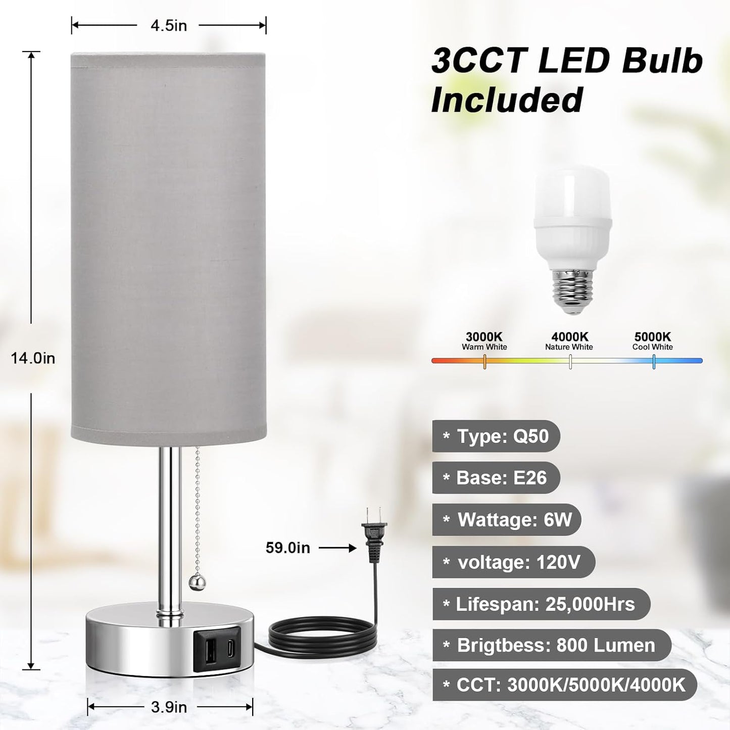 Silver Bedside Lamps for Bedroom Set of 2 - Nightstand Table Lamp with USB A + C Charging Port, 3 Color Temperatures Pull Chain Night Stand Light, Side Table Desk Reading Lamp for Living Room/Dorm