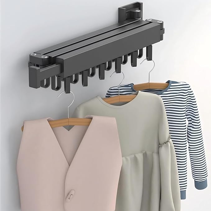Clothes Drying Rack Wall Mounted,Space Saving Wall Drying Rack,Retractable Collapsible Tri-Fold,for Bathroom,Balcony,Outdoor lndoor with Laundry,Black
