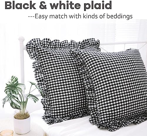 2 Pack Black Gingham Ruffle Euro Shams Pillow Covers 26"x26" - Image 2