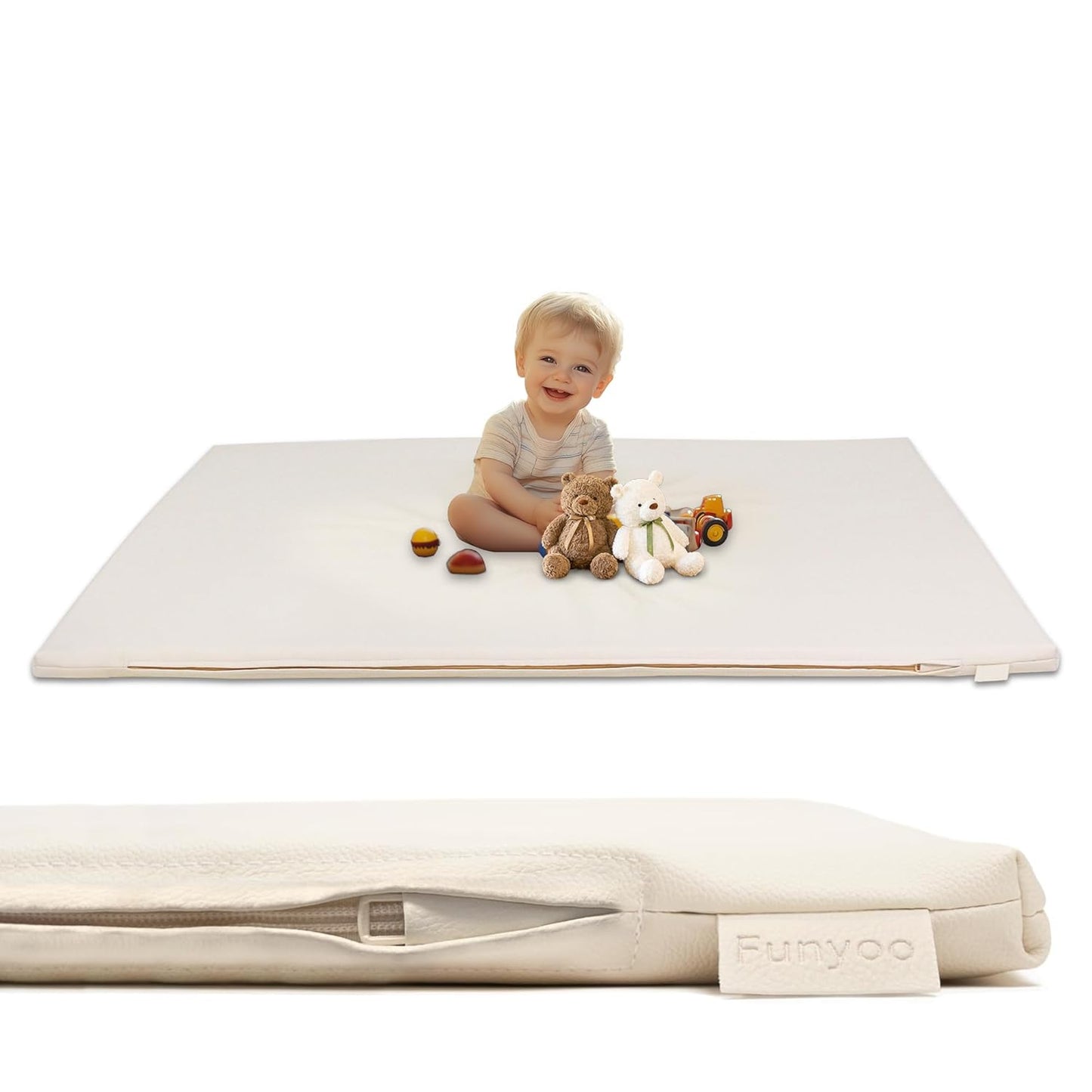 Padded 48" ×48" Baby Play Mat for Playpens, 1.3" Thick Foam Mat with Soft Vegan Leather, Baby Tummy Time Playmat for Floor, Fits 50" x50" Playpens