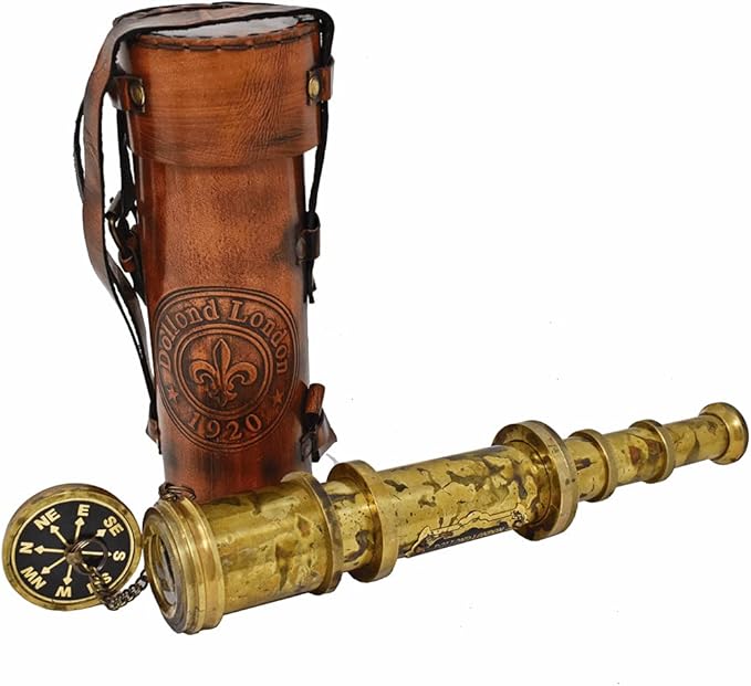 Antique Brass Pirate Telescope Camping Accessories Telescope for Adults Marine Sailor's Spyglass, 18 inch Brass Made w High Resolution Magnification w Brown Leather Case Nautical Gift