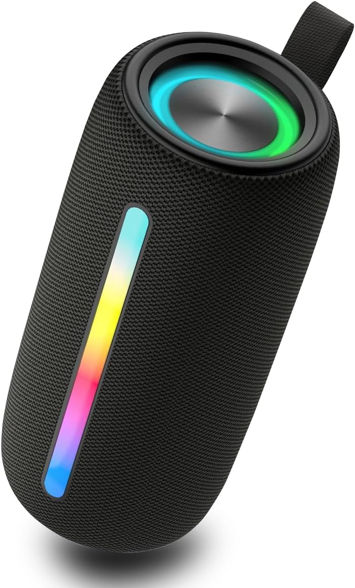 Wireless Portable Bluetooth Speaker: IPX6 Waterproof Outdoor Audio,fm Radio,USB/AUX/SD Card Play,LEDlights,TWS interconnected Stereo,Travel/Camping/Bike/Family/Party（Black）