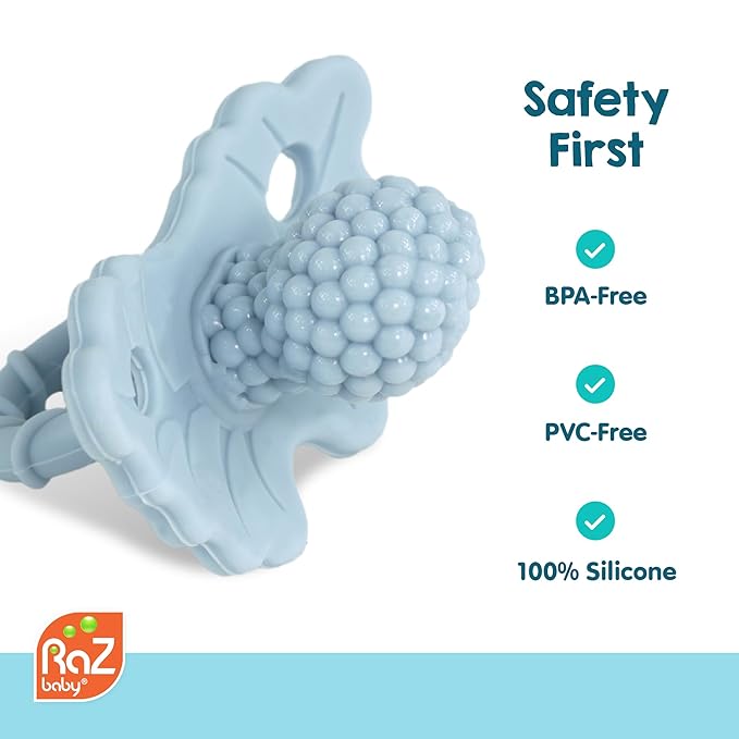 RaZbaby RaZberry Silicone Teether Pacifier – Teething Relief for Infants, Food-Grade, BPA-Free, Hands-Free Design, Natural Berrybumps Fruit Texture for Sensory Development, Freezable – Mint