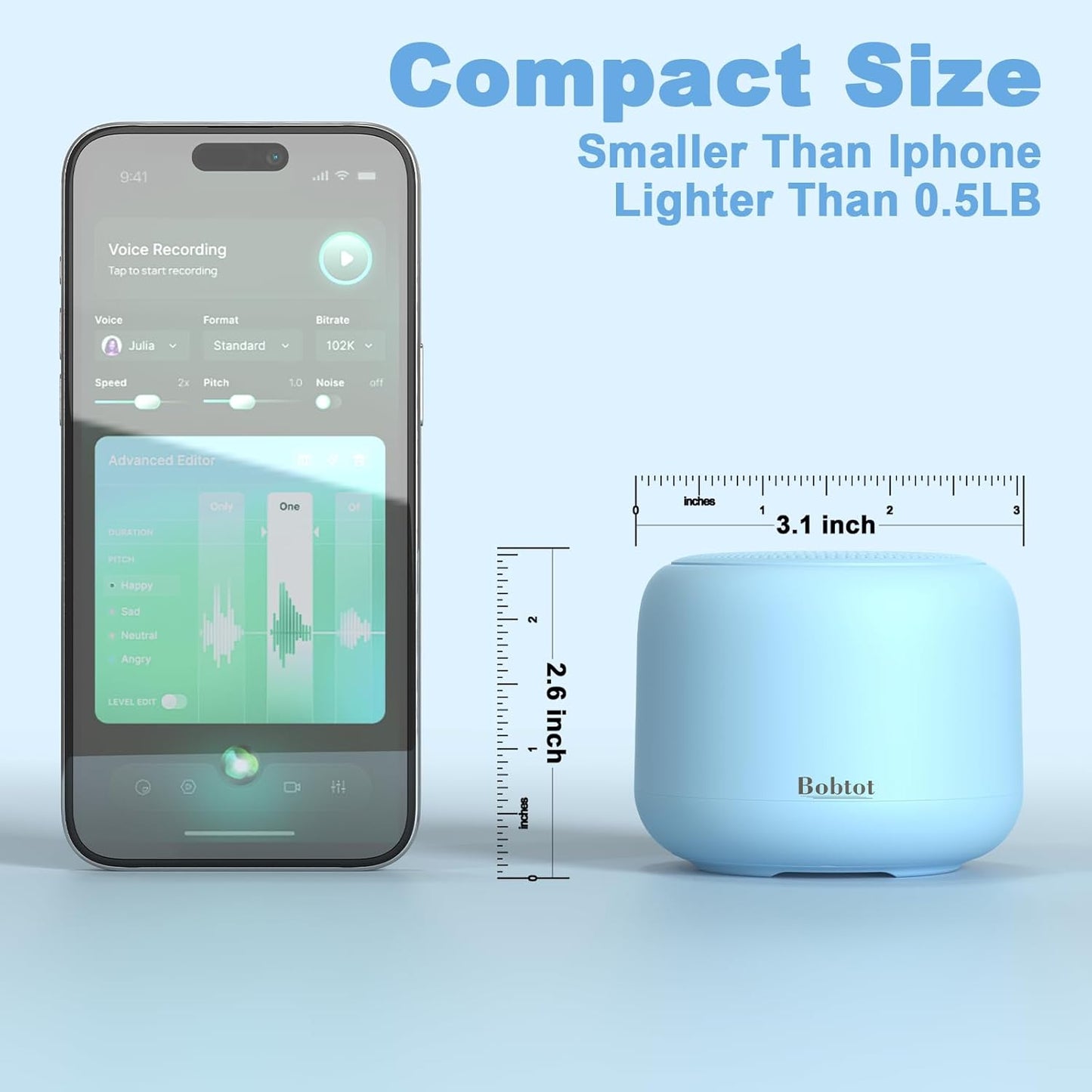 Bobtot Portable Bluetooth Speakers with Strap Easy to Carry, Wireless IPX5 Waterproof Mini Speaker with Loud Stereo Sound, 20 Hours Playtime, Rechargeable Battery, Built-in Microphone, Blue