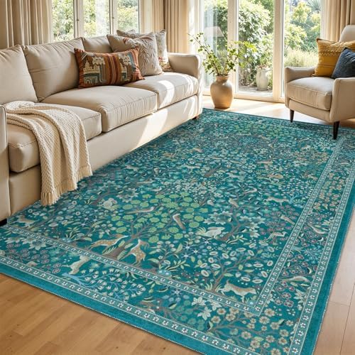 Teal Tree of Life Area Rug 5x8, Boho Farmhouse Carpet by Jainmy