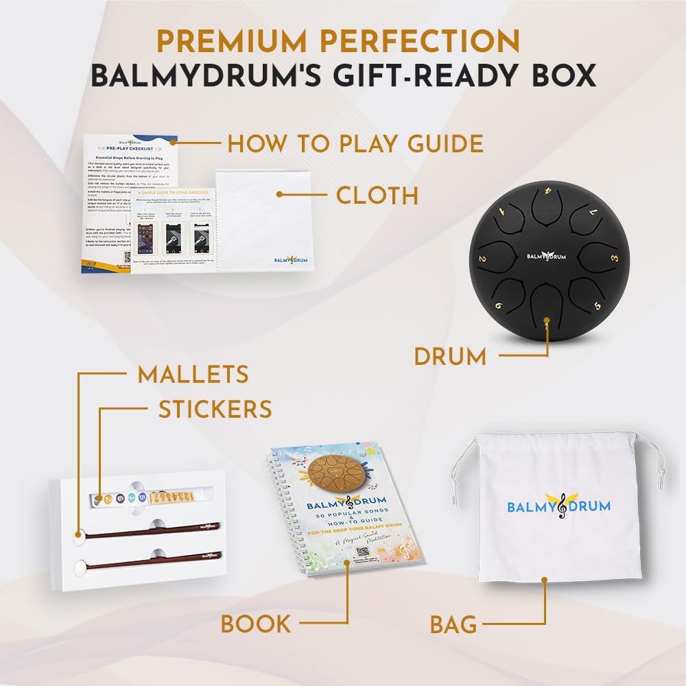The Balmy Drum - 8 Note 6 Inch Steel Tongue Drum, Steel Drum Instrument, Drums For Children and Adults, Balmy Drum Set for Kids with Music Book, Handpan, Mallet and Carry Bag (Black)