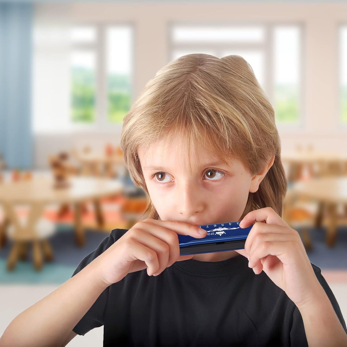 UPINS Harmonica, 4PCS Key of C Blues 10 Hole 20 Tones Titanium Color Harmonica with Case Cleaning Cloth for Beginner Students Kids (Blue)