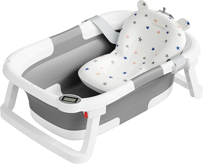 Collapsible Baby Bathtub,Baby Bath Tub with Soft Cushion & Thermometer,Baby Bathtub Newborn to Toddler 0-36 Months,Portable Travel Baby Tub