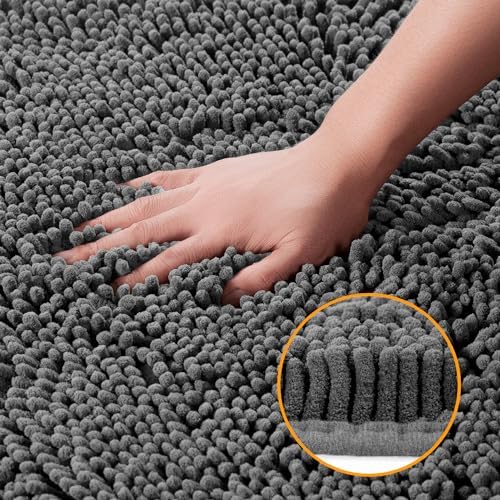 Yeaban Chenille Dark Gray Bathroom Rug 17"x24", Non-Slip Rubber Backing - Image 3