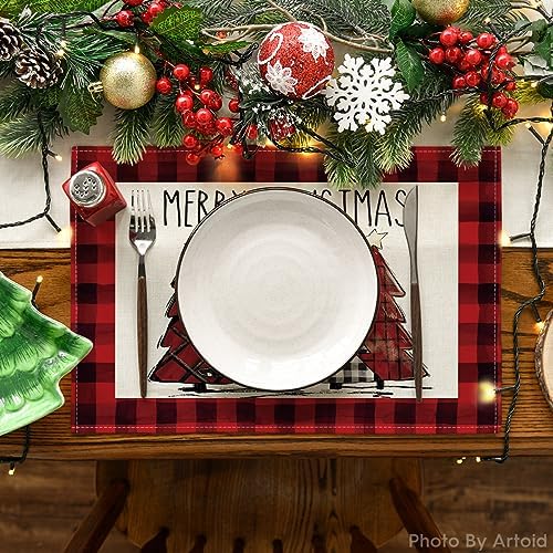 Artoid Mode Red and Black Buffalo Plaid Christmas Trees Placemats Set of 4 - Image 2