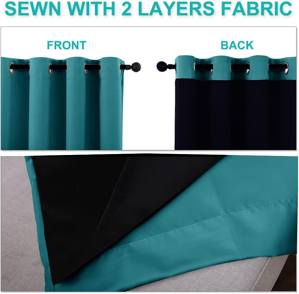 NICETOWN Peacock Teal 100% Blackout Curtains for Windows, Super Heavy-Duty Black Lined Total Darkness Drapes for Bedroom, Privacy Assured Window Treatment for Patio (2 PCs, 52 inches W x 108 inches L)