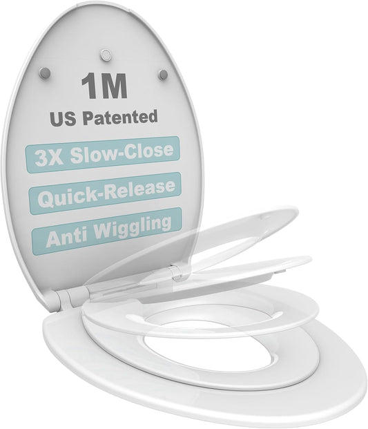 Elongated Toilet Seat with Toddler Seat Built In, Slow Close for Both Child & Adult Seats, Potty Training, No Wiggle and Easy to Install, Detachable Toddler Seat, White (2Pcs Pack)