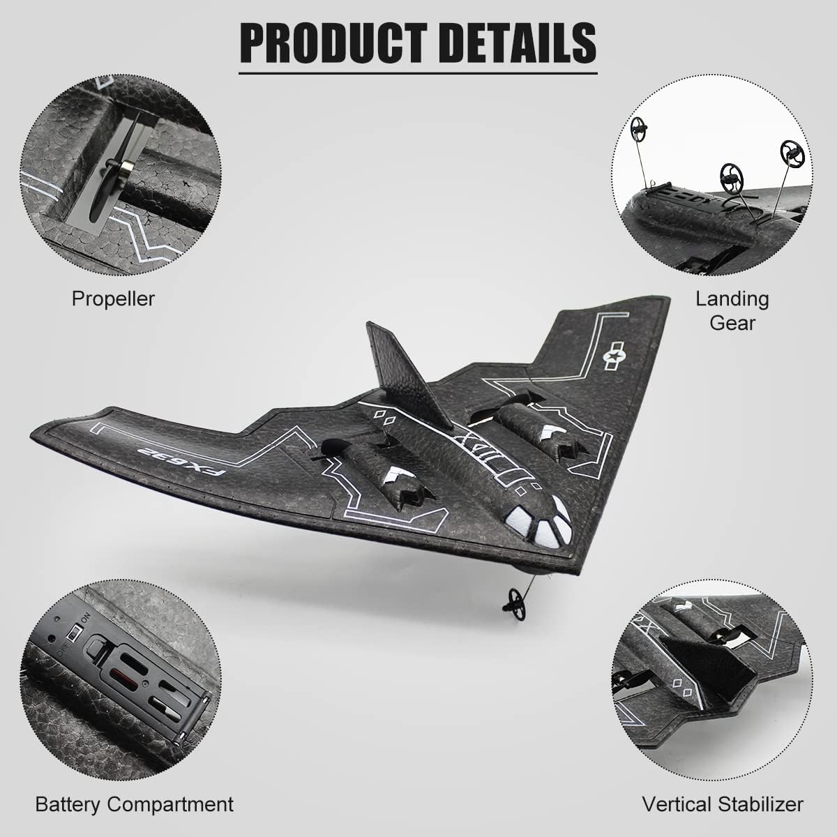 fisca RC Airplane Remote Control B-2 Spirit Stealth Bomber Plane, 2.4Ghz 2CH Foam Drone Ready to Fly Aircraft Toy for Kids and Adults