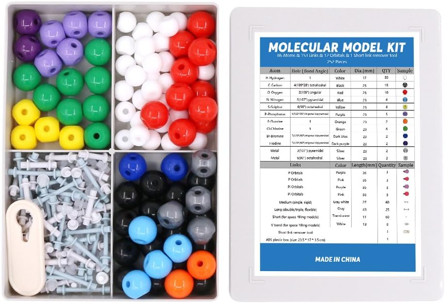 Swpeet 252 Pcs Molecular Model Kit for Inorganic & Organic Molecular Model Teacher and Student Kit - 86 Atoms & 153 Links & 12 Orbitals & 1 Short Link Remover Tool