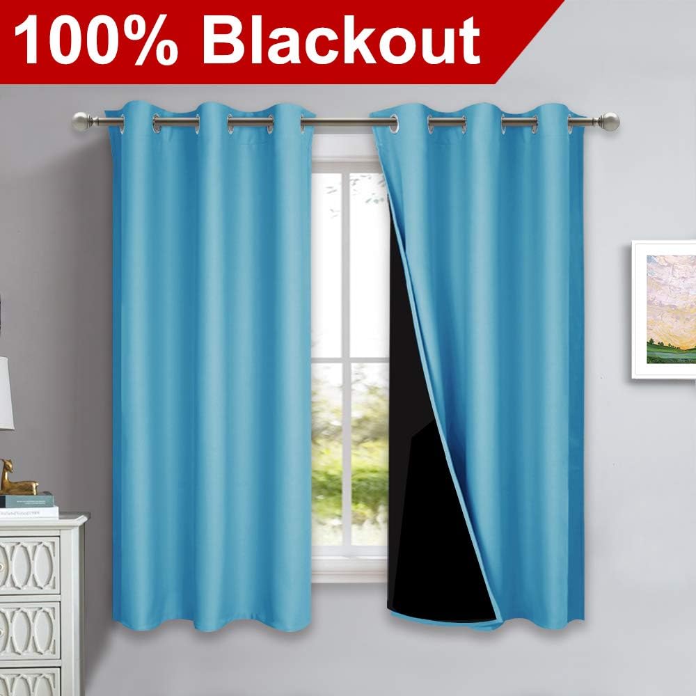NICETOWN 100% Blackout Short Curtains with Black Liners, 2 Panels, 37" W by 60" L, Teal Blue, Solid Thermal Insulated Full Blackout 2-Layer Lined Drapes, Energy Efficiency Window Draperies for Bedroom