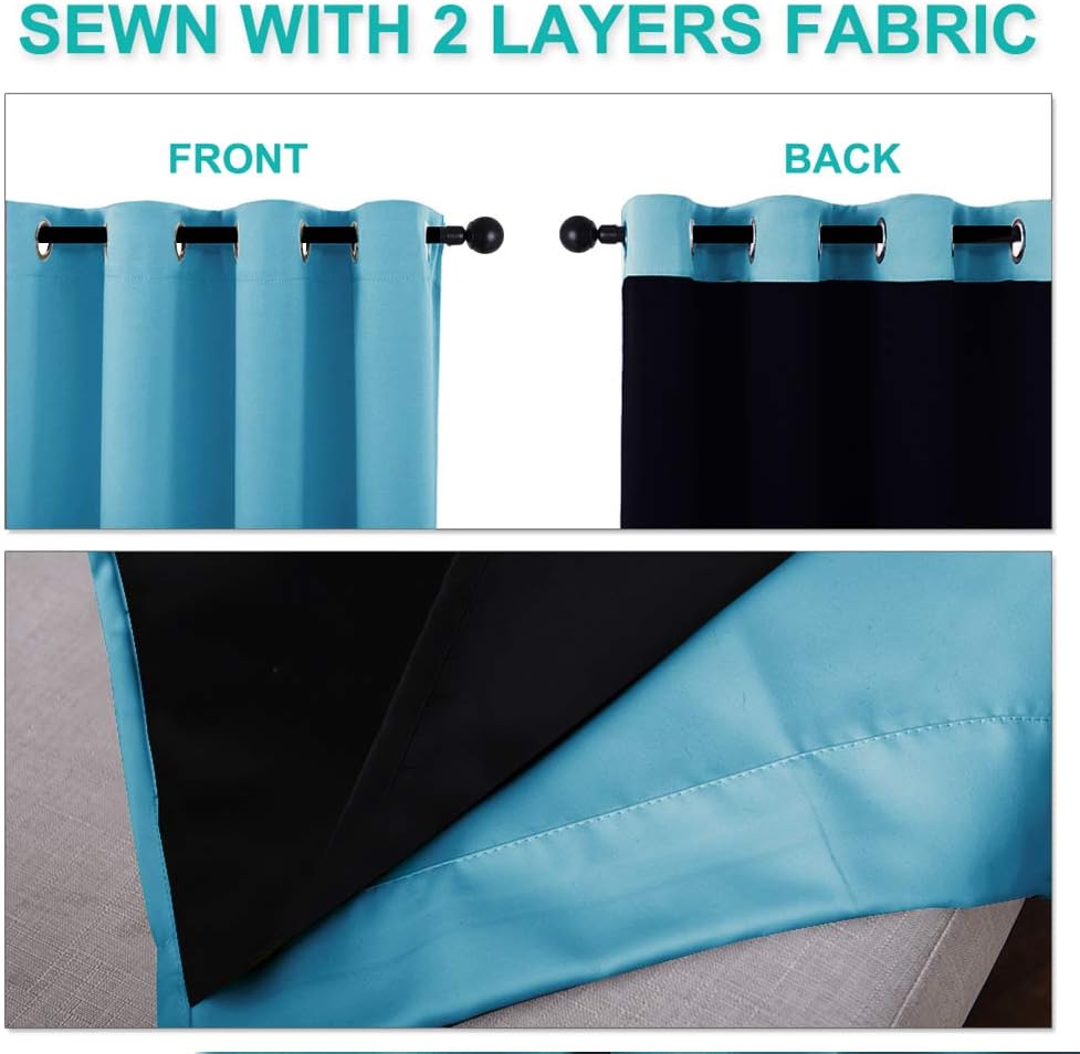 NICETOWN 100% Blackout Short Curtains with Black Liners, 2 Panels, 37" W by 50" L, Teal Blue, Solid Thermal Insulated Full Blackout 2-Layer Lined Drapes, Energy Efficiency Window Draperies for Bedroom