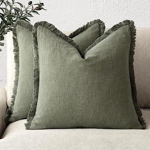 Foindtower Decorative Linen Fringe Throw Pillow Covers 26×26 Olive Green by Foindtower