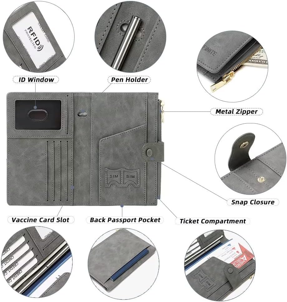 Mudono Passport and Card Holder for Women RFID Blocking Card Case Slim Travel Wallet Change Purse with Vaccine Card Slot