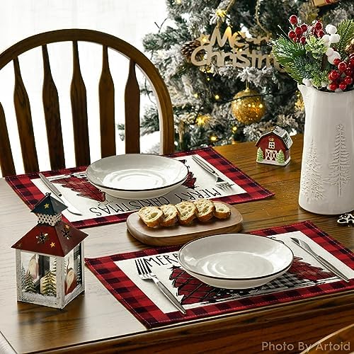Artoid Mode Red and Black Buffalo Plaid Christmas Trees Placemats Set of 12 - Image 4