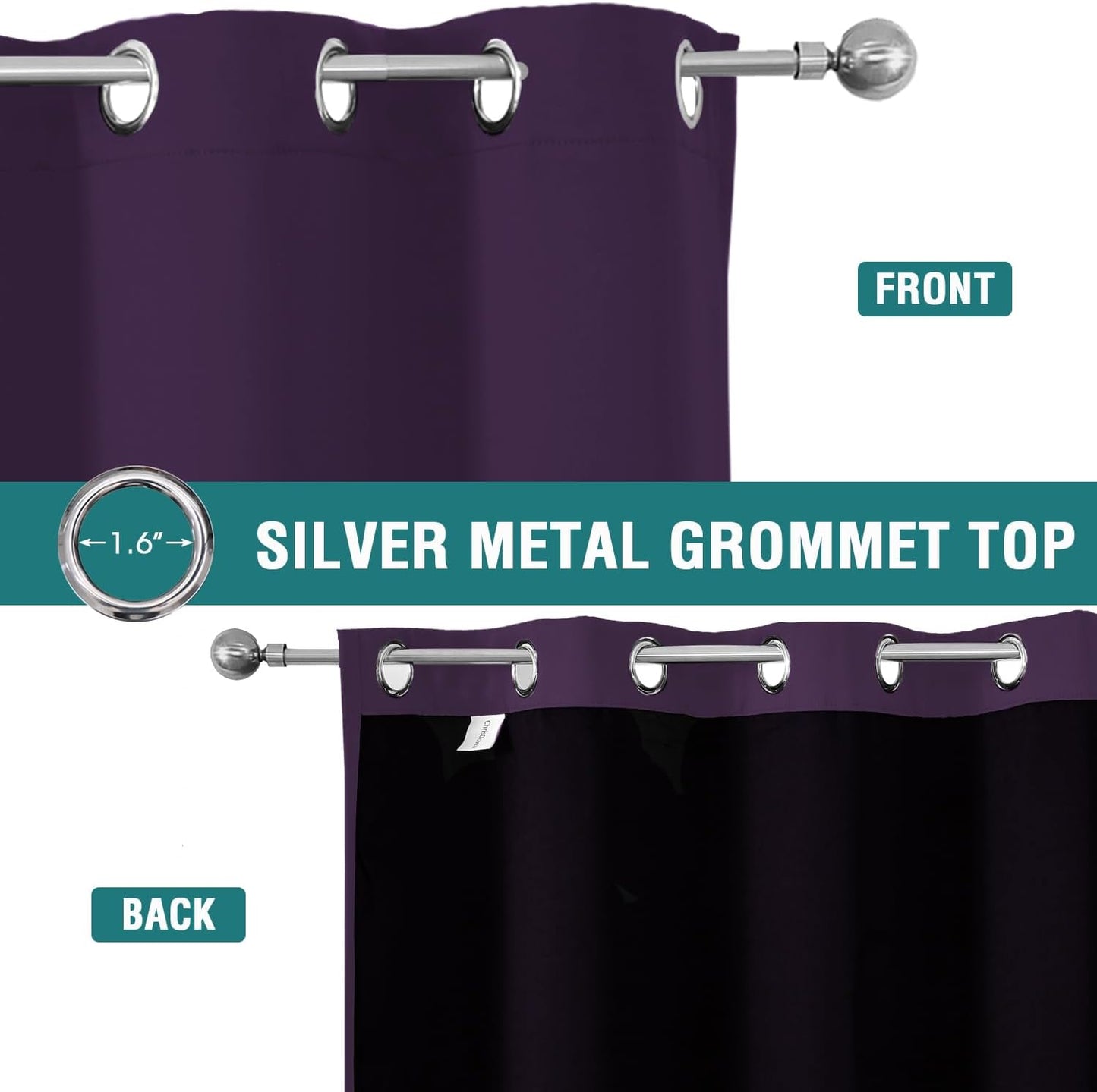 ChrisDowa 100% Blackout Curtains for Bedroom with Black Liner, 2 Thick Layers Total Blackout Thermal Insulated Grommet Window Curtains 2 Panels Set (Royal Purple, 52 x 45 Inch)