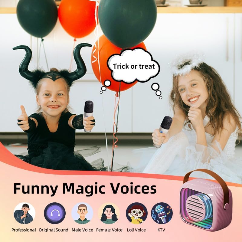 YF93 Mini Karaoke Machine for Kids with Bluetooth Speaker, 7 Voice-Changing Modes, Dual Microphones, Colorful LED Lights, TF Card Support, Portable Singing Gift for Children and Parties(Pink)