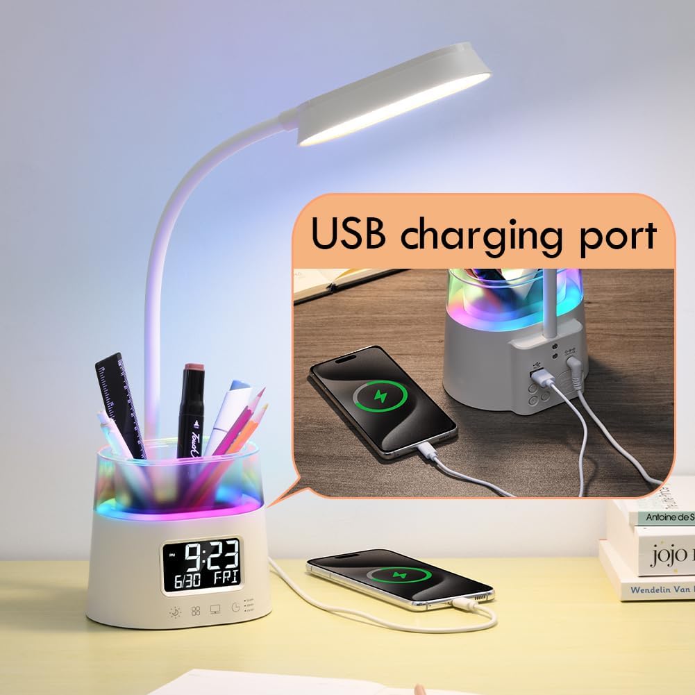 WILIT LED Desk Lamps for Home Office with Pen Holder, Table Lamp for Bedroom with USB Charging Port & Clock, RGB Night Light, Study Lamp for Kids Student, Desk Lamp for College Dorm Room Essentials
