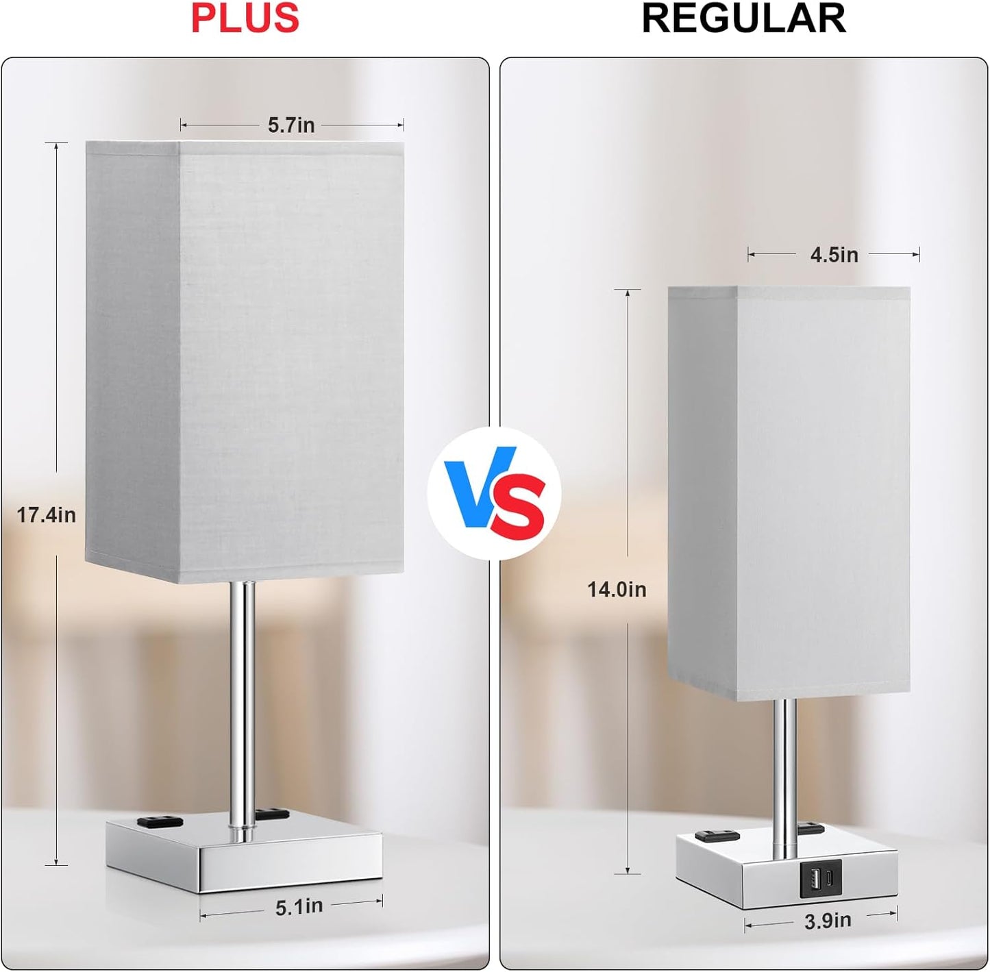 Touch Bedside Table Lamp For Nightstand - 3-Way Dimmable Night Lamp with USB A + Type C Charging Ports and two AC Outlets, Small Desk Light with E26 LED Bulb for Bedroom Living Room, GREY PLUS