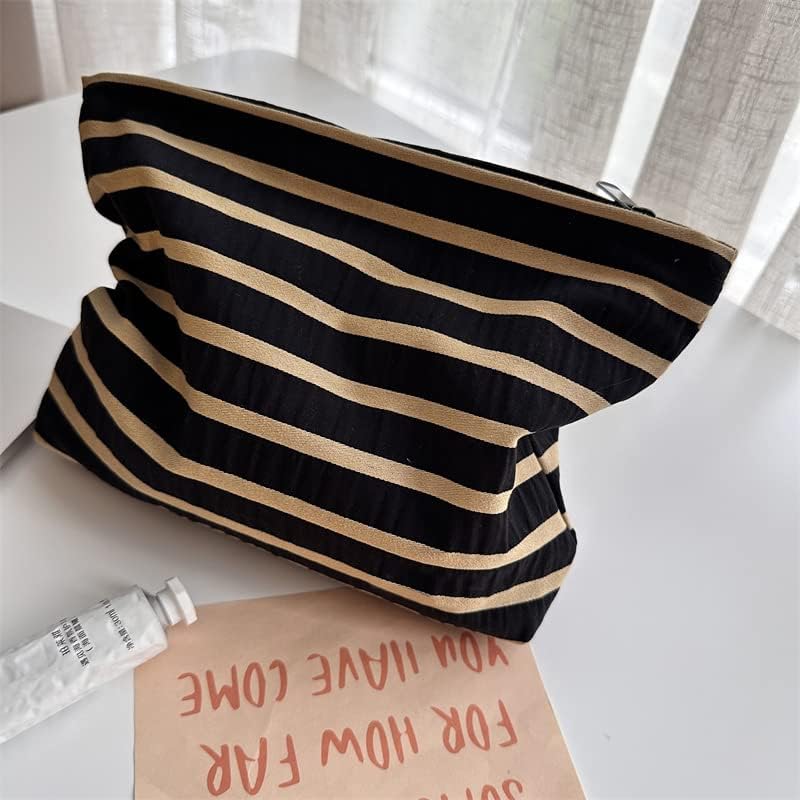 Flat Makeup Bag for Women, Zipper Cosmetic Pouch for Purse, Stripe Black - Image 6