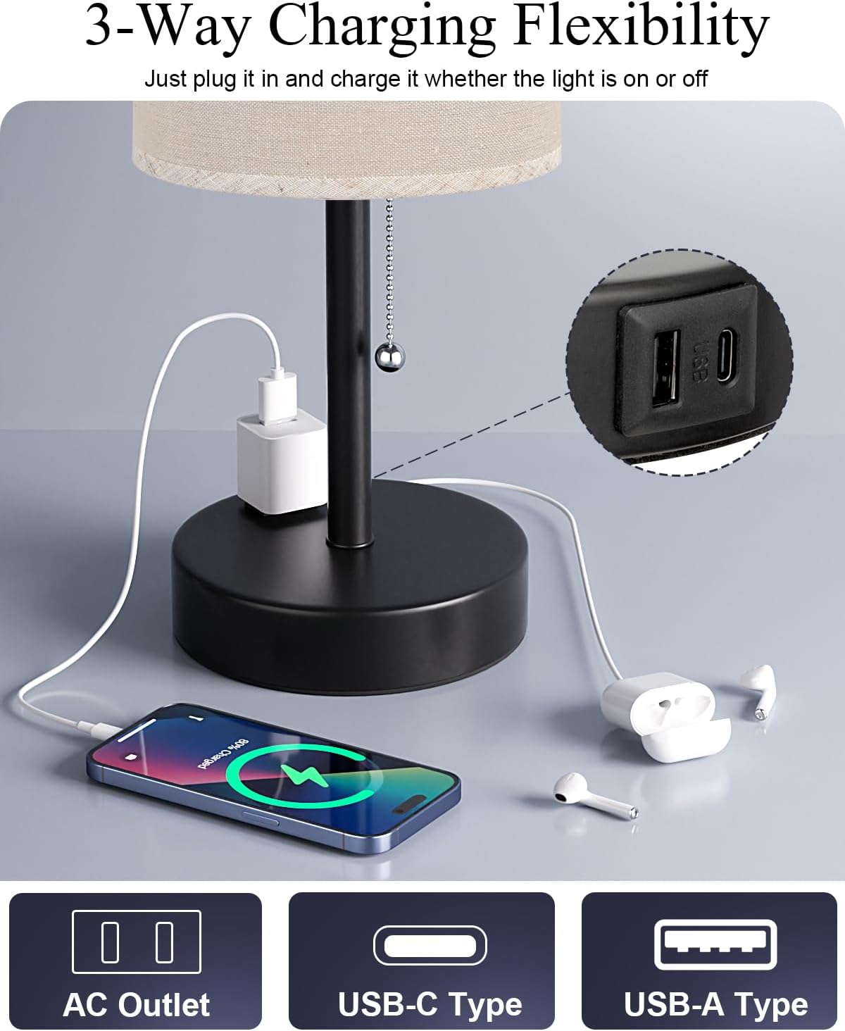 Plus Beige Bedside Table Lamps Set of 2-3 Color Temperatures Pull Chain Lamp with AC Outlet Charging Port, Two Round Night Stand Lamps for Bedroom Guest Room Office, Bed Side Light