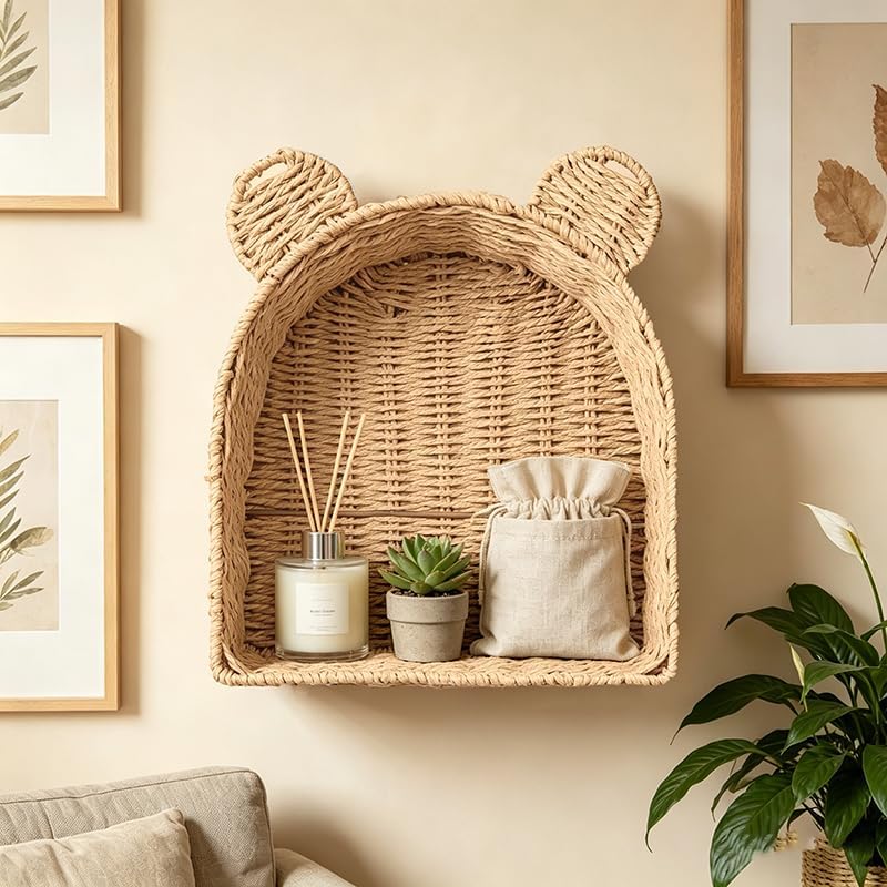 Arched Teddy Bear Nursery Wall Shelf, Paper Rope Basket - Image 5