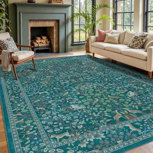 Woodland Animal Washable Rugs 8x10, Teal Tree of Life Floral Animal Rugs by Jainmy