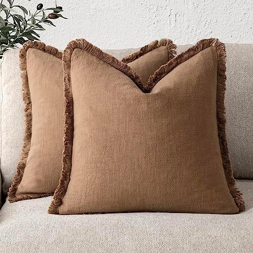 Foindtower Decorative Linen Fringe Throw Pillow Covers 20×20 Khaki Brown by Foindtower