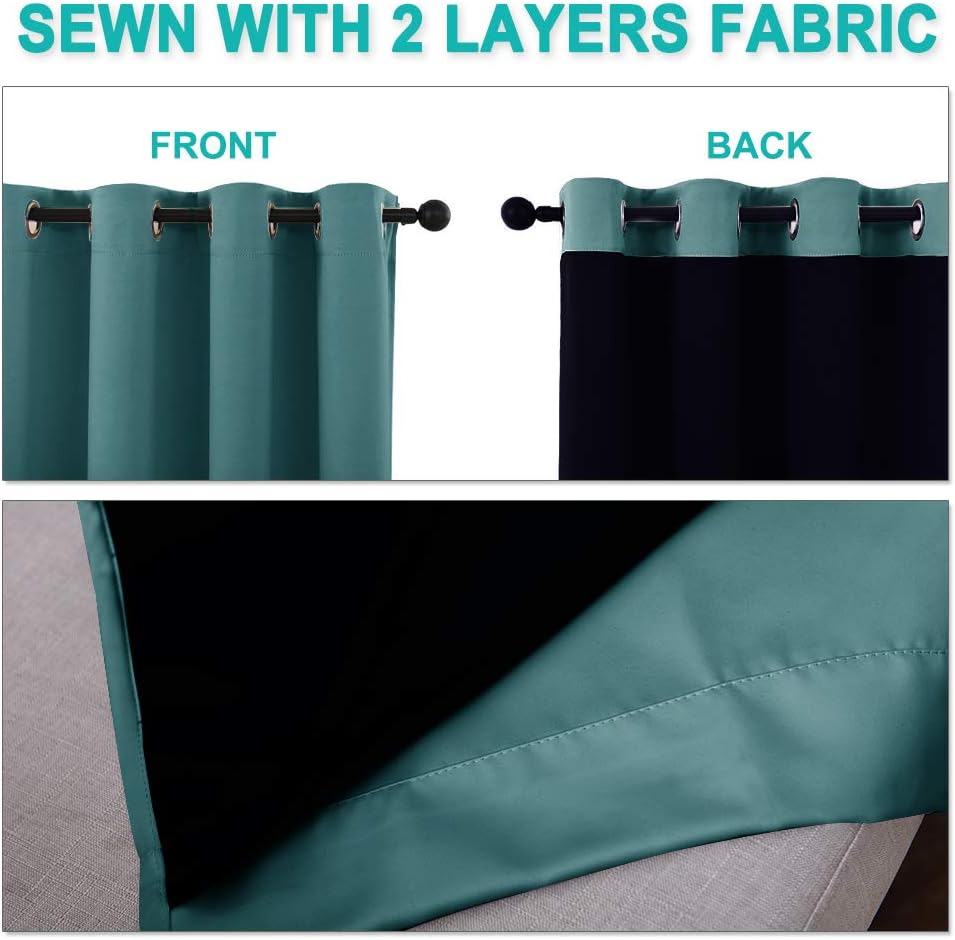 NICETOWN 100% Blackout Curtains for Windows, Pack of 2, Sea Teal, 52" W x 102" L, Super Heavy-Duty Black Lined Total Darkness Drapes for Bedroom, Privacy Assured Window Treatment for Patio