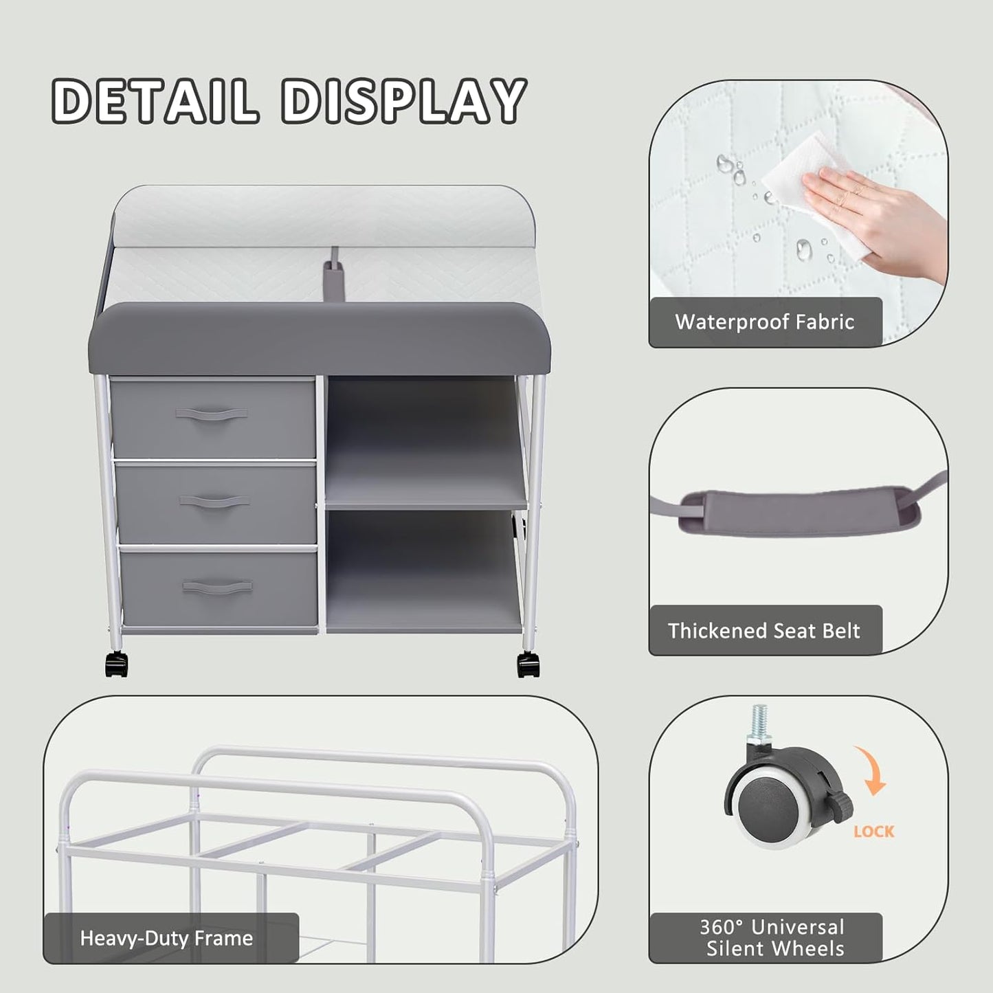 Baby Changing Table, Portable Changing Table, Diaper Changing Station with Waterproof Pad, Changing Table Dresser with 3 Storage Baskets, Mobile Nursery Organizer for Newborn Essentials