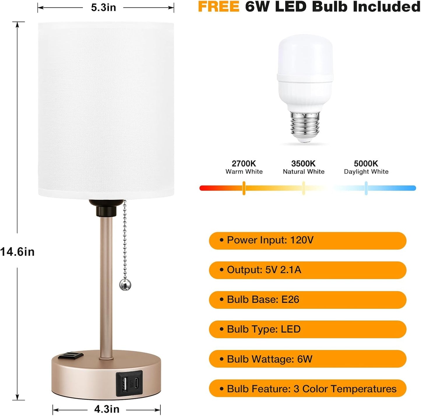 Small Bedside Table lamp for Bedroom - 3 Color Temperatures Bedside Lamps with USB C and A Ports, Pull Chain Table Lamps with AC Outlet, Gold Nightstand Lamps with White Shade for Kids Reading