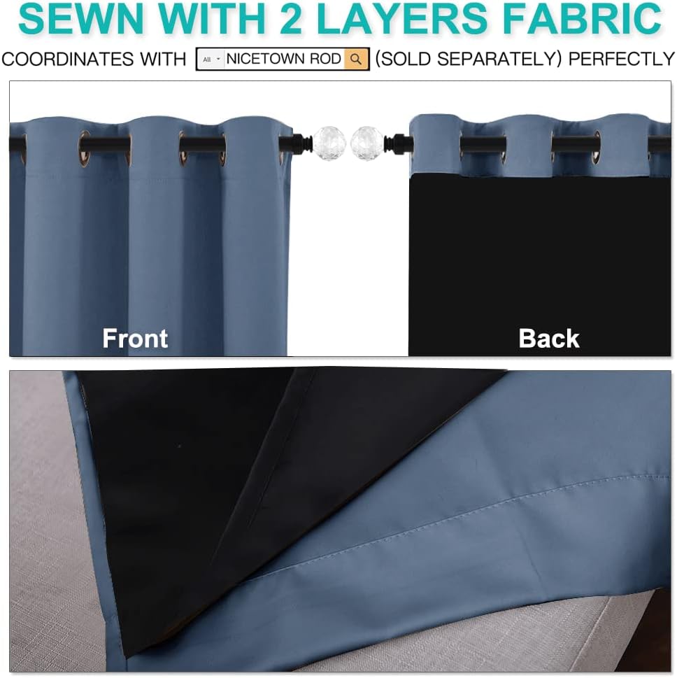 NICETOWN 100% Blackout Curtains 63 inches Long, Pair of Energy Smart & Noise Blocking Out Drapes for Baby Room Window, Thermal Insulated Guest Room Lined Window Dressing (Stone Blue, 62 inches Wide)